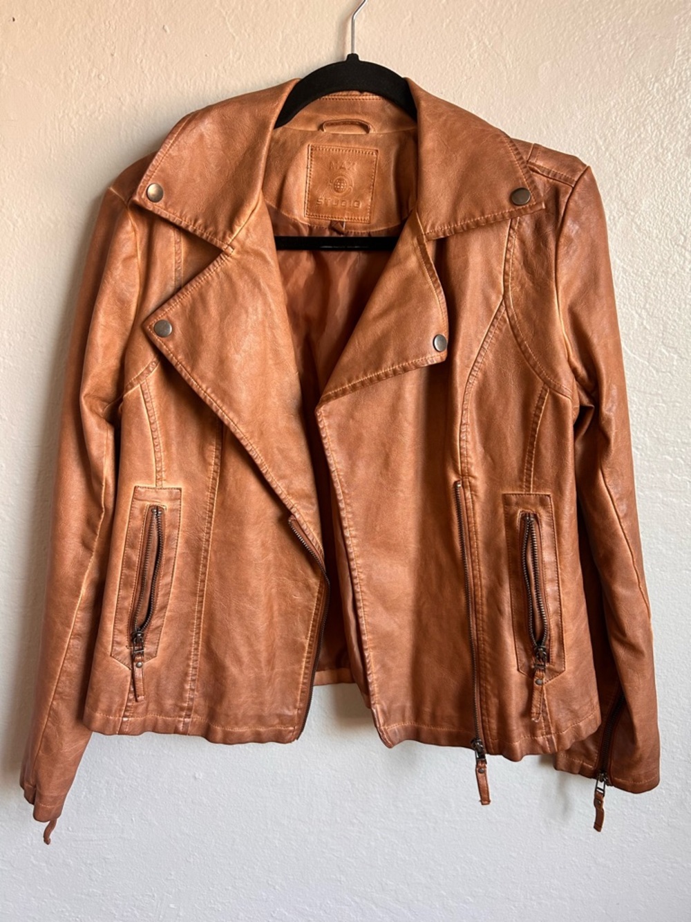 Max Studio Cognac Faux Leather Moto Jacket